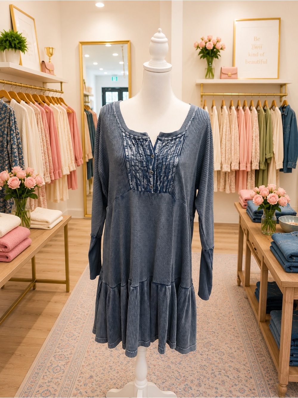 Free People FP One Blue Waffle Knit Babydoll Tunic Dress Size Small